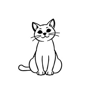 Puede incluir: Un dibujo de l&iacute;neas en blanco y negro de un gato sentado con orejas puntiagudas, bigotes y cola. La palabra Cat est&aacute; impresa en texto negro sobre la ilustraci&oacute;n. El dise&ntilde;o presenta contornos gruesos sobre fondo blanco.