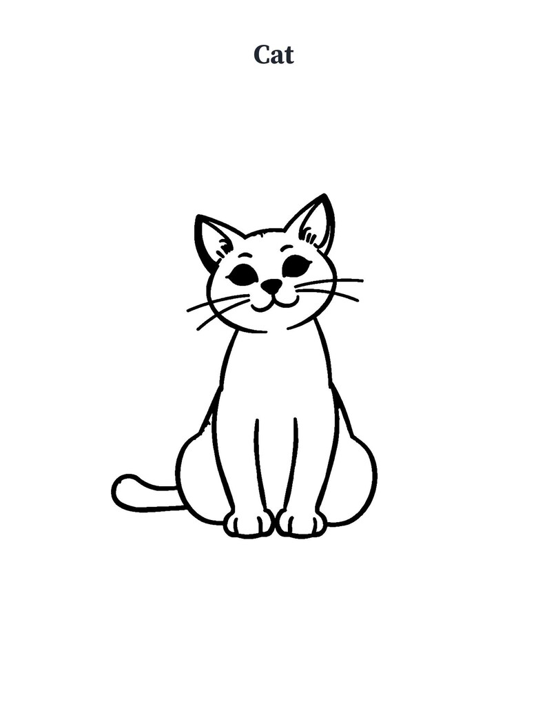 Puede incluir: Un dibujo de l&iacute;neas en blanco y negro de un gato sentado con orejas puntiagudas, bigotes y cola. La palabra Cat est&aacute; impresa en texto negro sobre la ilustraci&oacute;n. El dise&ntilde;o presenta contornos gruesos sobre fondo blanco.