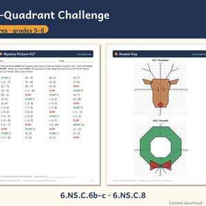 Pu&ograve; includere: Una scheda didattica Four-Quadrant Challenge per le classi 5-8 che presenta il Mystery Picture #17 con coordinate da tracciare e una chiave di risposta che mostra una renna marrone e una ghirlanda verde su un piano cartesiano.