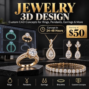Könnte beinhalten: Ein digitaler Bildschirm mit 3D-Schmuck-CAD-Entwürfen neben einem goldenen Diamantring, einem tropfenförmigen Diamantanhänger, Diamant-Ohrhängern und einem Diamant-Tennisarmband. Der Text umfasst JEWELRY 3D DESIGN, Custom CAD Concepts for Rings, Pendants, Earrings & More, Concept in 24-48 Hours und Starting at $50.