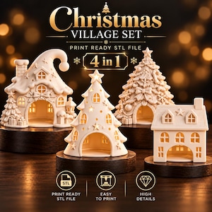 Peut inclure: Un ensemble de village de Noël 4 en 1, fichier STL prêt à imprimer, comprenant quatre structures décoratives blanc cassé : une maison au toit incurvé, un sapin étoilé, un sapin décoré et une maison au toit à pignon sur socles sombres.