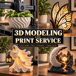 以下が含まれることがあります： 3Dモデリングおよびプリントサービス。白い螺旋状のプランター、光る蝶のランプ、ランタンを持つ幽霊のフィギュア、滝のある月形の風景彫刻が展示されており、3D MODELING AND PRINT SERVICEと記載されています。