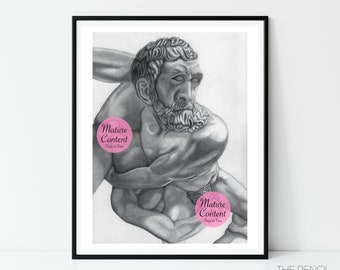 Graphite Drawing Art Print - "Wrestlers"