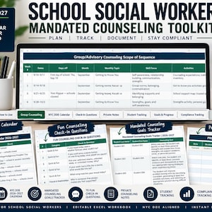May include: A digital School Social Worker Mandated Counseling Toolkit displayed on a laptop screen and printed pages. The workbook includes a Group Counseling Scope of Sequence, NYC DOE School Year Calendar 2026-2027, check-in questions, goals tracker, and private notes.