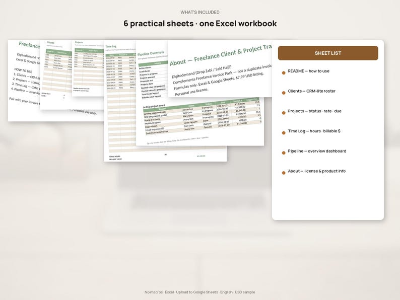 Freelance Client & Project Tracker Spreadsheet — CRM Time Log and ...