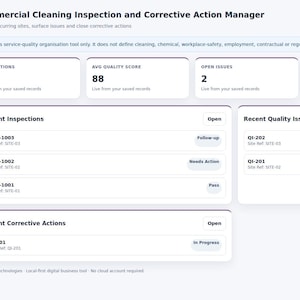 Op de afbeelding: Een digitaal dashboard-interface getiteld Commercial Cleaning Inspection and Corrective Action Manager. De lay-out bevat een donkere zijbalk met navigatielinks en een hoofdgedeelte met statistieken voor inspecties en kwaliteitsbeoordelingen.