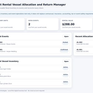 Florist Vessel Rental Manager | Event Allocation, Returns, Damage and Inventory Offline HTML App