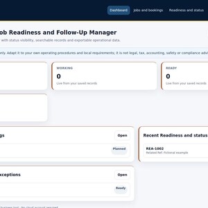 Puede incluir: Una interfaz de panel digital titulada Computer Repair Job Readiness and Follow-Up Manager. Muestra tarjetas de estado para trabajos planificados, en curso y listos, junto con listas para trabajos recientes, reservas, preparación y excepciones.