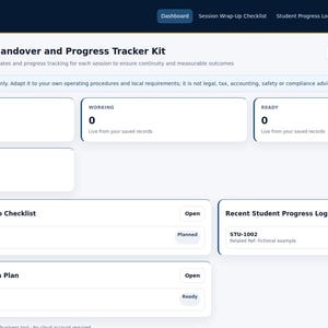 May include: A digital dashboard titled Tutoring Session Handover and Progress Tracker Kit. The interface displays status boxes for Planned, Working, Ready, and Open Work, alongside recent logs for session checklists, student progress, and follow-up plans.