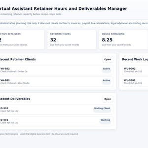 Könnte beinhalten: Eine digitale Dashboard-Oberfläche mit dem Titel Virtual Assistant Retainer Hours and Deliverables Manager. Sie zeigt Kennzahlen für aktive Verträge, Gesamtstunden, verbleibende Stunden und offene Liefergegenstände sowie Listen für Kunden und Arbeitslogs.