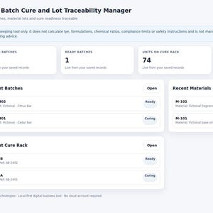 Soap Batch Cure Manager | Lot Traceability, Cure Rack and Inventory Offline HTML App