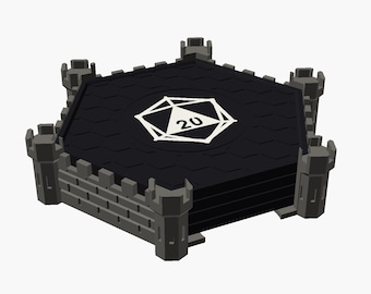 May include: A hexagonal dice rolling tray featuring a black surface with a white twenty-sided die icon and the number 20 in the center. The perimeter is enclosed by gray stone-textured walls with six corner towers resembling a castle.