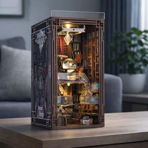 May include: A wooden book nook insert featuring a detailed library interior with illuminated shelves, a central crystal ball, and a staircase. The exterior side panel displays intricate geometric patterns and the text Beyond Library.