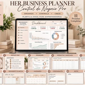 May include: A digital business planner template for Excel displayed on a laptop screen, featuring a dashboard with financial charts, sales data, and inventory tracking. The layout includes eleven distinct tabs for managing business operations, expenses, and goals, presented in a soft beige and white color scheme with clear headings and organized data tables.
