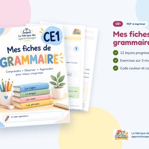 May include: A digital educational workbook titled Mes fiches de GRAMMAIRE CE1 featuring a stack of four colored books labeled Les règles, La langue, Les mots, and Les phrases, with a pencil holder, a small potted plant, and an eraser.