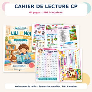Peut inclure: Un cahier de lecture CP de 64 pages en format PDF imprimable. L'ensemble comprend une couverture illustrée avec un enfant et un hibou, des fiches d'exercices sur les sons, un tableau de lecture et un diplôme final pour les élèves.