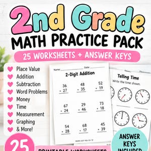 May include: A 2nd Grade Math Practice Pack featuring 25 worksheets and answer keys. The educational set includes topics like place value, addition, subtraction, word problems, money, time, measurement, and graphing, with sample pages shown.