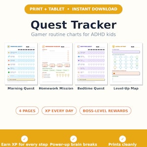 Könnte beinhalten: Ein digitales Set aus vier druckbaren Routine-Diagrammen mit den Titeln Quest Tracker, Homework Mission, Bedtime Quest und Level-Up Map. Die Diagramme enthalten Symbole, Kontrollkästchen und herzförmige Tracker für tägliche Aufgaben.