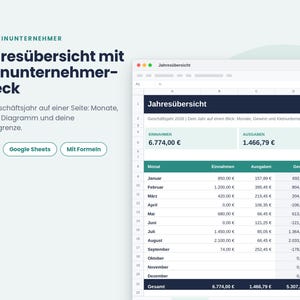 May include: A digital spreadsheet template for small business financial tracking, featuring a yearly overview, monthly income, expense, and profit columns, with buttons for Excel and Google Sheets compatibility and the text Jahresübersicht mit Kleinunternehmer-Check.