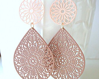 Pastel earrings, Coffee brown earrings, teardrop earrings, pink earrings, long earrings, summer trends 2018, lace earrings, peach earrings
