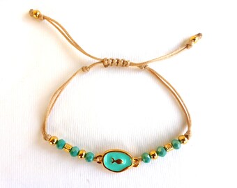 fish bracelet, mint green bracelet, gold charm bracelet, adjustablue bracelet, beach bracelet, turquoise bracelet, crystal bracelet