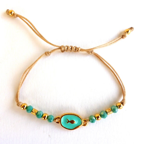 bracelet poisson, bracelet vert menthe, bracelet breloque or, bracelet adjustablue, bracelet plage, bracelet turquoise, bracelet cristal