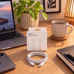 Può includere: Un cavo di ricarica USB-C bianco avvolto in un cerchio, accompagnato dalla sua scatola di imballaggio quadrata bianca. La scatola presenta il testo USB-C Charge Cable e un'illustrazione grafica dei connettori del cavo sulla parte anteriore.
