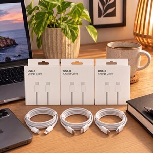 Könnte beinhalten: Drei weiße rechteckige Schachteln mit der Aufschrift USB-C Charge Cable, die jeweils ein aufgewickeltes weißes USB-C-Ladekabel enthalten. Die Kabel sind weiß und haben an beiden Enden passende Anschlüsse, präsentiert in der Originalverpackung.