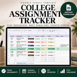 Puede incluir: Una plantilla de Google Sheets para un rastreador de tareas universitarias en la pantalla de una computadora portátil. La hoja de cálculo incluye columnas para curso, tarea, tipo, fecha de entrega, prioridad, estado, calificación y notas.