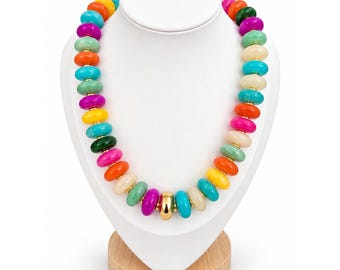 Chunky Resin Bead Necklace, Gold Rondelle Statement Choker, Colorful Beaded Necklace with Gold Center Bead, Bold Jewelry Gift for Her