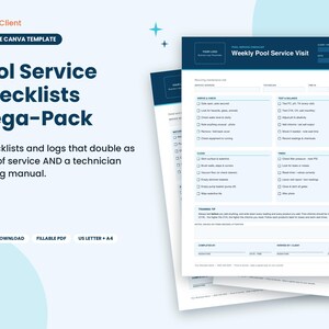 Pool Service Checklist Bundle, Pool Chemistry Log, Service Visit Report, Pool Cleaning Business Checklists, Fillable PDF, Canva