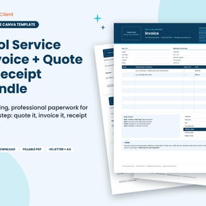 Puede incluir: Un paquete digital de plantillas editables para servicios de piscina que incluye factura, presupuesto y recibo. Los documentos presentan un encabezado azul oscuro con texto blanco, campos organizados para detalles de servicio, instrucciones de pago y términos.