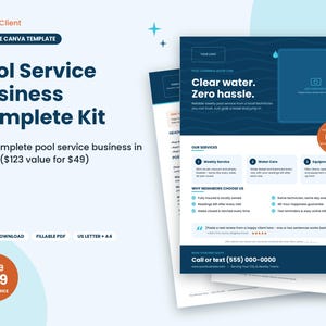 Puede incluir: Un kit de plantillas de marketing digital para un negocio de mantenimiento de piscinas, con diseños en azul oscuro y blanco que incluyen el texto Pool Service Business Complete Kit, Clear water. Zero hassle. y secciones de servicios.