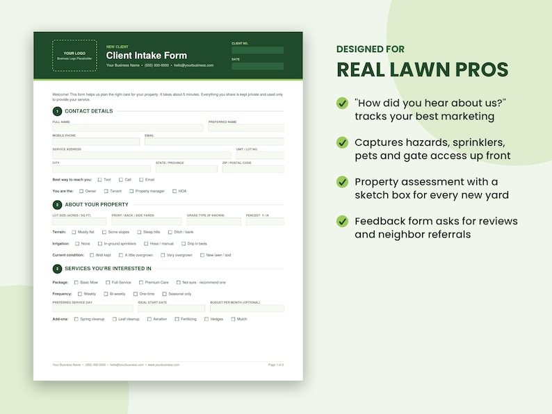 Lawn Care Client Intake & Onboarding Pack, Fillable PDF Templates ...