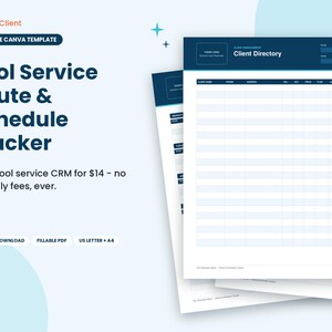 Pool Service Business Planner, Pool Route Tracker, Client Schedule, Monthly Plans, Chemical and Repair Log, Fillable PDF, Canva