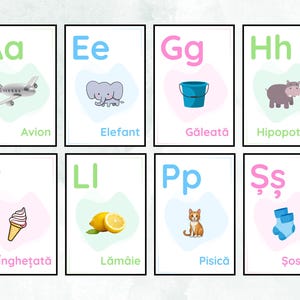 May include: A set of eight educational flashcards featuring letters of the alphabet paired with illustrations and words. The cards display an aeroplane, elephant, bucket, hippopotamus, ice cream, lemon, cat, and socks with their corresponding names.