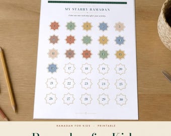 May include: A white rectangular printable sheet titled My Starry Ramadan featuring a grid of thirty numbered star shapes in various muted colors. The sheet includes the text Color one star each day after your activity and is surrounded by colored pencils.