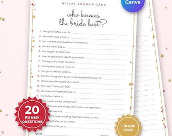 May include: A white bridal shower game card titled Who Knows The Bride Best with a gold border and confetti accents. The card features 20 numbered questions with blank lines for answers, a name and score section, and a red badge stating 20 Funny Questions.