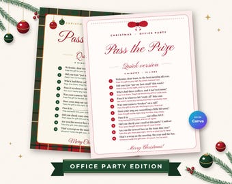 May include: A Christmas office party Pass the Prize game card with red and white text, featuring ten numbered instructions for a gift exchange. The design includes a red bow graphic at the top and the text Merry Christmas at the bottom.