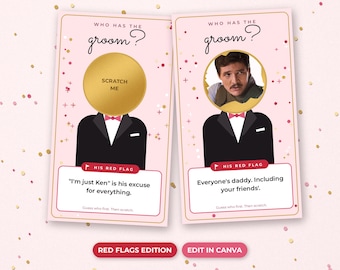May include: Two rectangular game cards with a pink background and gold confetti accents. Each card features the text Who Has The Groom? above a tuxedo illustration. One card has a gold scratch-off circle, the other reveals a man's face.