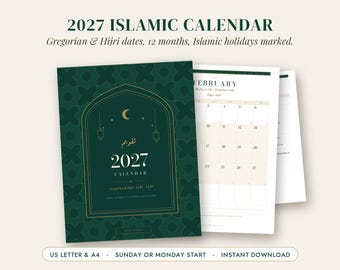 May include: A 2027 Islamic calendar featuring a dark green cover with a gold arch design, crescent moon, and lanterns. The text reads 2027 CALENDAR, Gregorian & Hijri dates, 12 months, Islamic holidays marked, US Letter & A4.