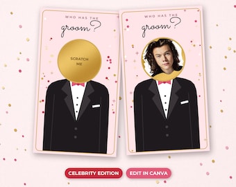 May include: Two rectangular game cards with a light pink background and gold border. Each card features a tuxedo illustration with a pink bowtie and the text 'WHO HAS THE groom?'. One card has a gold scratch-off circle, the other reveals a celebrity face.