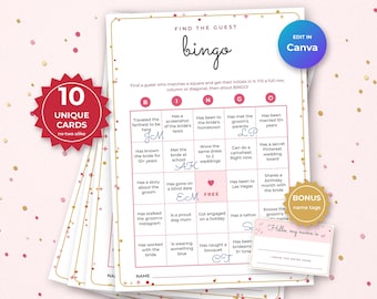 May include: A stack of Find the Guest bingo game cards with a white background, pink grid lines, and gold accents. The cards feature text prompts in each square, a central free space with a heart, and a name line at the bottom. Includes a bonus name tag.