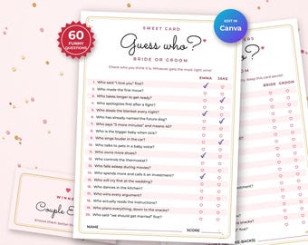 May include: A Guess Who? Bride or Groom game card featuring 20 funny questions with columns for Emma and Jake. The white card has a gold border, pink horizontal stripes, and a red badge stating 60 funny questions. A small winner card is included.