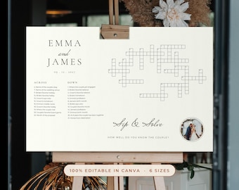 May include: A rectangular wedding sign on an easel featuring a crossword puzzle, the names Emma and James, the date 09.12.2027, and the text Sip & Solve. It includes a circular photo of a couple and a list of clues for the puzzle.