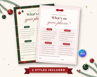 May include: Two printable Christmas game cards titled What's on your phone? featuring checklists with point values. One card has a green plaid border, the other a light pink border with red text and accents. Both include a name and total line.