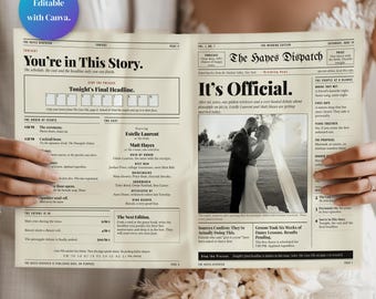 May include: A wedding newspaper template titled The Hayes Dispatch featuring the headline It's Official, a black and white photograph of a couple, columns for the order of events, the cast, and a section for Tonight's Final Headline.