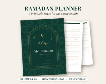 May include: A dark green Ramadan planner and journal with gold geometric patterns and an arch design. The cover features the text RAMADAN PLANNER, 16 printable pages for the whole month, My Ramadan, and Arabic script. Includes interior pages.