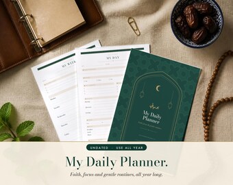May include: A dark green daily planner with a gold arch design, crescent moon, and lantern icons. The cover features the text My Daily Planner and Arabic script. Included are white interior pages with My Day and My Week headers and lines.