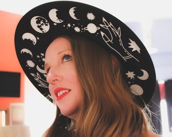 Wide Brim Hat, Moon Phase Hat, Black witch hat, Goth Hat